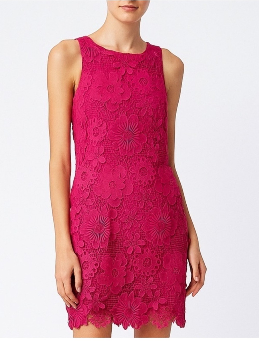 Nina Leonard Hot Pink Floral Lace Shift Dress
